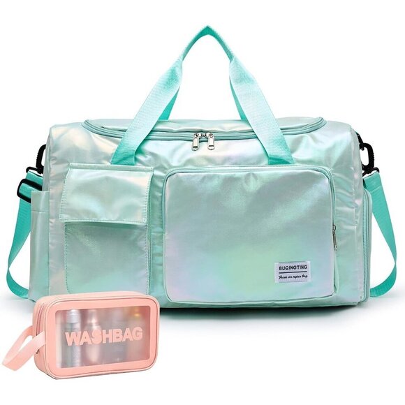 Handbags - Women Green Shinny Small Gym Carry On Weekender Travel Shoe Compartment Bag